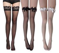 Belligern 3 Pairs Silky Thigh High Stockings with Luxury Lace Top, Anti-skid Silicone, Satin Bows in Black White for Women
