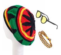 Belligern 3 Pcs Rasta Set, Knit Rasta Hat Jamaican Dreadlocks Wig with Yellow Glasses and Braided Bracelet, Funny Hats for Adults for Parties, Cosplay, Masquerade