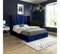 Bellini Wide Curved Winged Upholstered Soft Velvet Bed Frame - Blue