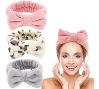 Bellisia 3 Pack Spa Headband for Face Washing Bowknot Makeup Headband Coral Fleece Facial Skincare Headband Elastic Facial Hairband Hair Wrap for Washing Face,Shower,Sports,Yoga Grey,Pink,Leopard