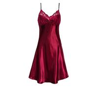 BellisMira Sexy Lace Satin Chemise Nightwear Full Slip Silk Sleepwear Padded/Unpadded Sleep Dress Silky Nightie Nightdress for Women (2XL, Red)