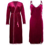 BellisMira Womens Nightwear Crushed Velvet Dressing Gown and Chemise Velour Loungewear Bathrobe Wrap Kimono Robe Pjs Set Blue and Red