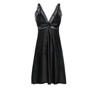 BellisMira Women's Sexy Nightwear Satin Slip Silk Sleepwear Lace Chemise Sleep Dress V-Neck Nightdress Black, M
