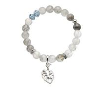 Bello London Beaded Stretch Bracelet with cloud grey agate beads and silver plated leaf charm - Rae G03