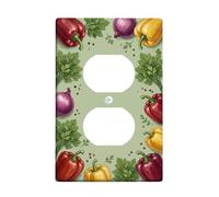 Bells Pepper Kitchen Duplex Outlet Covers Wall Plate, Farmhouse Rustic Cilantro Onion Harvest Green Plastic Standard Size Double Power Outlet Cover Plate for Living Room Bedroom Home Office Decor