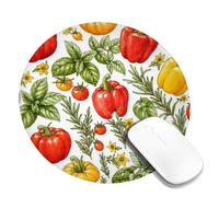 Bells Pepper Small Mouse Pad, Botanical Natural Tomatoes Basil Harvest Red Round Rubber Washable Portable Travel Mousepad Accessories for Office Home Computer Laptop Round 8x8 Inch