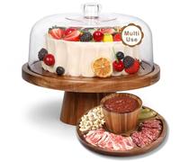 Bellsal Acacia Wood Cake Stand with Lid - 12in Round Cake Holder, 2-in-1 Dessert Table Display Set & Charcuterie Board for Cheese, Chips & Dips, Nachos, Fruit Platter, Large Acrylic Cake Dome Cover