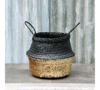 Belly Basket, Black & Gold Plant Pot Cover with Handles, Bohemian Bathroom Storage Laundry Basket - Small, Gold Sequins & Black Seagrass Bedroom Kids Room Nursery Toiletries Holder