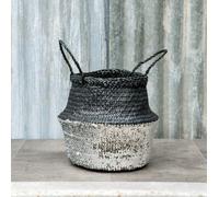Belly Basket, Plant Pot Cover with Handles, Bohemian Bathroom Storage Laundry Basket - Small, Silver Sequins & Black Seagrass Bedroom Kids Room Nursery Toiletries Holder