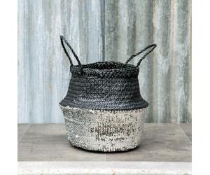 Belly Basket, Plant Pot Cover with Handles, Bohemian Bathroom Storage Laundry Basket - Small, Silver Sequins & Black Seagrass Bedroom Kids Room Nursery Toiletries Holder