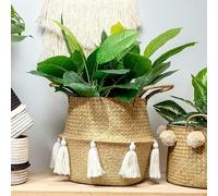 Belly Basket with Tassels, Boho Plant Pot Cover, Bathroom Bedroom Storage Laundry Basket, Rustic Storage for Toys, Blankets, Toiletries, Natural Seagrass Planter with White Pom Pom Tassels