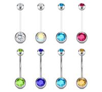 Belly Button Bars and Pregnancy Belly Bar 14G 18mm Belly Button Piercing Flexible Plastic Maternity Belly Bar Silver Surgical Steel Rhinestone Belly Piercing Jewelry