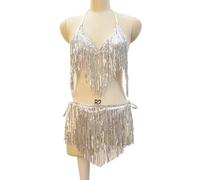 Belly Dance Costume Sequins Tassel Short Set Performance for dance(Silver)