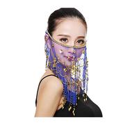 Belly dance half face veil costume with gold beaded clover for women girls Arabian Egyptian dancing (Blue)(Size: One Size)