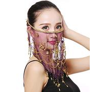 Belly dance half face veil costume with gold beaded clover for womens girls arabian egyptian dancing (Purple), One Size