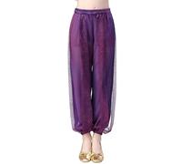 Belly Dance Harem Pants, Girls Chiffon Tribal Arabic Trousers Sequin Shiny Loose Bloomer Capri Trouser Dancing Yoga Pilates Zumba Party Performance Costume Purple 7-8 Years