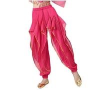 Belly Dance Harem Pants, Girls Ruffle Chiffon Tribal Arabic Trousers Sequin Shiny High Waisted Bloomer Capri Dancing Bottoms Yoga Pilates Zumba Performance Costume 7-8 Years Hot Pink