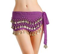 Belly Dance Hip Scarf, Belly Dance Skirt with 128 Gold Coins, Chiffon Material Hip Chain Dances Costume, Bellys Dances Costume for Women Girls Basic Practice, Stage Performance (Purple, 1 PC)