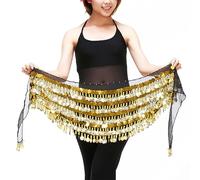 Belly Dance Hip Scarf Chiffon Belly Dance Skirt Wrap Belt Skirt with Gold Coins Belly Dance Costume for Women (Black)