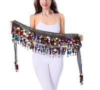 Belly Dance Hip Scarf Coins Plus Size Fringe Skirt, Sequin Fringe Skirt Belly Dancer Costumes for Women, Diamaond Rainbow, One Size