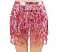 Belly Dance Hip Scarf with Sequin Tassel, Sparkly Wrap Skirt for Latin Performance & Halloween Costume (Pink)