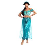 Belly Dance Jasmine Costume - Aladdin Halloween Outfit Princess Costumes Teal for Women(L)