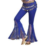 Belly Dance Long Pants for Women, Lace Floral Side Split Flared Long Trousers for Belly Dancing, Slim Fit Tribal Arabic Trousers with Coins, Sequin Lace Fishtail Trousers for Yoga Pilates Zumba Party