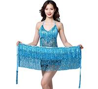 Belly Dance Skirt w/ Sequin Tassel & Hip Scarf - Latin Dance Hula Performance Outfit for Women & Girls (Light Blue)