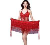 Belly Dance Skirt with Sequin Tassel, Latin Dance Hula Hip Scarf Performance Outfit for Women Girls (Red)