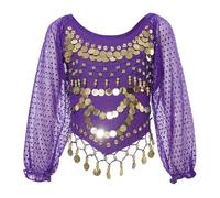 Belly Dance Top for Women, Puff Long Sleeve Chiffon Sequin Dance Shirts, Glitter Coins Tassels Blouse for Festival Clubbing Wear, Self-tie Back Tribal Crop Top for Belly Dance Performance Outfit