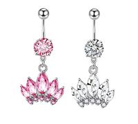 Belly Ring, Stainless Steel Belly Bars 2pcs Silver Pink Crown White Pink Cubic Zirconia Belly Piercing Jewellery for Women