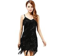 BellyQueen Women's 1920s Tassel Sequins Dance Costume Samba Rumba Tango Dance Dress Vintage Flapper Cocktail Dress Sexy V-Neck, OneSize Silver Black