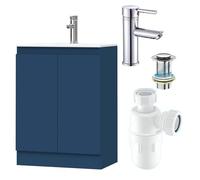 BELOFAY 600mm Under Sink Bathroom Cabinet Floor Standing Storage Cupboard Basin Vanity Unit, 600mm Laquered Cloakroom Vanity Unit with Basin, Tap, Trap and Waste (Denvor Blue)