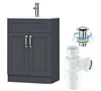 Belofay 600mm Vanity Unit With Basin, White Ceramic Bathroom Sink With Trap And Waste, No Tap Included (Crawlex Grey)
