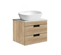Belofay 600mm Wall Mounted Vanity With Basin, 2 Soft Close Drawers, Modern Floating Design With White Stone Worktop (Wood Grain)