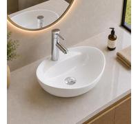 BELOFAY Counter Top Bathroom Sink Basin - 33x40.5x13.5cm, White Ceramic Wash Basin with Scratch-Resistant Gloss Surface - Sink basins with Tap, Waste and Chrome Bottle Trap (Boat Shape Oval)