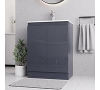 Belofay Denvor Grey 600mm Floor Standing Bathroom Vanity Unit With Basin - Laquered Cloakroom Vanity Unit With 1 Tap Hole Ceramic