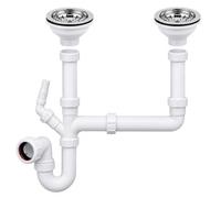 Belofay Double Bowl Kitchen Sink Waste Kit Bundle - Multi-Fit Drain System with 75mm Water Seal P-Trap & 2 Pack 90mm Stainless Steel Basket Strainer Waste Kits - Complete Kitchen Sink Plumbing Set