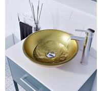 BELOFAY Flash Gold Stylish Bathroom Counter Top Wash Basin Sink, Round Glass Bowl Cloakroom Basin for Vanity Cabinet, Toilets and Bathrooms, Taps & Wastes are not Included (42x14x42cm) (WxHxL)