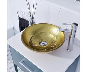BELOFAY Flash Gold Stylish Bathroom Counter Top Wash Basin Sink, Round Glass Bowl Cloakroom Basin for Vanity Cabinet, Toilets and Bathrooms, Taps & Wastes are not Included (42x14x42cm) (WxHxL)