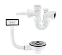 Belofay Kitchen Sink Waste Trap Bundle - 1½" Multi-Fit P Trap with 75mm Water Seal & 114mm Stainless Steel Strainer Waste Kit with Overflow Pipe, Square Cover - Complete Under-Sink Drainage Set