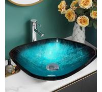 BELOFAY Modern Bathroom Sink, Countertop Wash Basin, Glass Vessel Washing Bowl Set, Cabinet Counter Top Sink for Vanity Cabinet Cloakroom, Square Blue with Tap, Pop up Waste and Plastic Bottle Trap