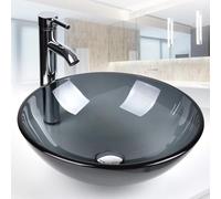 BELOFAY Modern Design Bathroom Counter Top Wash Basin Sink Black Glass, Glass Bowl Cloakroom Round Basin for Vanity Cabinet Toilets and Bathrooms 42x14x42cm WxHxL