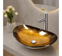 BELOFAY Oval Gold Modern Design Bathroom Counter Top Wash Basin Sink, Glass Bowl Cloakroom Basin for Vanity Cabinet, Toilets and Bathrooms 54x13x36cm WxHxL