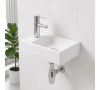 BELOFAY Wall-Mounted Bathroom Sink - 10x41x21.5cm White Ceramic Small Sink with Scratch-Resistant Gloss Surface - Rectangular Bathroom Basin with Tap, Waste and Chrome Bottle Trap