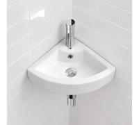 BELOFAY Wall-Mounted Bathroom Sink - 13.5x43.5x32cm White Ceramic Corner Sink with Scratch-Resistant Gloss Surface - Small Basin with Tap, Waste and Chrome Bottle Trap