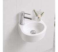 BELOFAY Wall-Mounted Bathroom Sink - 13x30x23.5cm White Ceramic Small Basin with Scratch-Resistant Gloss Surface - Oval Sink Basin with Tap, Waste and Chrome Bottle Trap