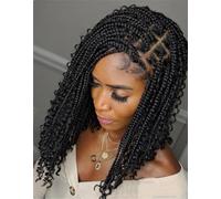 BeLongsYou Women Wig, Afro Box Braided Wigs Knotless Synthetic Curly Short Hair Black Shoulder Length for Black Women Daily Party,Black,14in
