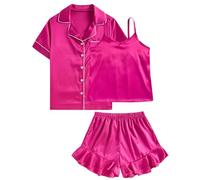 Belovecol Girls Satin Short Sleeve Button-Down Pajamas Set Ruffle Shorts Sets Sleepwear Loungewear Rose Red 12-13 Years