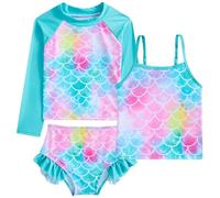 Belovecol Girls Swimming Costume 3 Piece Swimsuit, Kids Swimwear Multicoloured Blue Mermaid Printed Swim Suit Age 6-7 Years